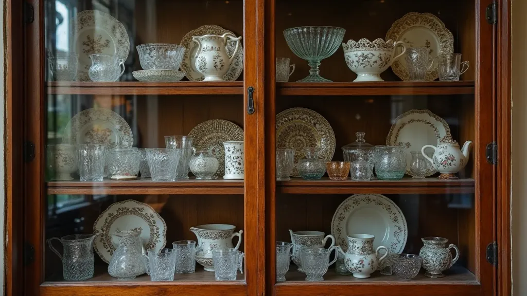 Antique Glassware Collection in Display Cabinet