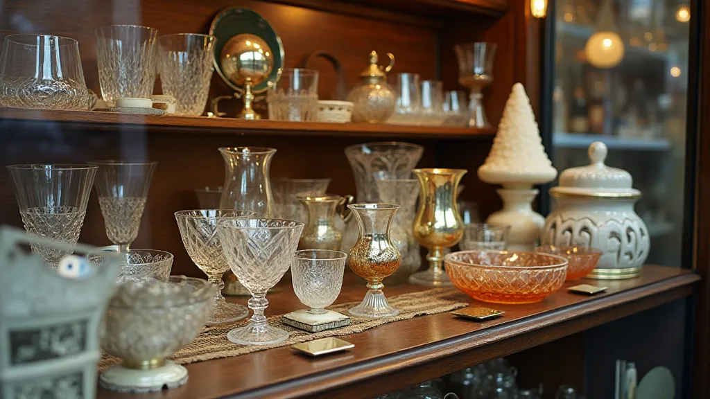 Antique shop display of pressed glass