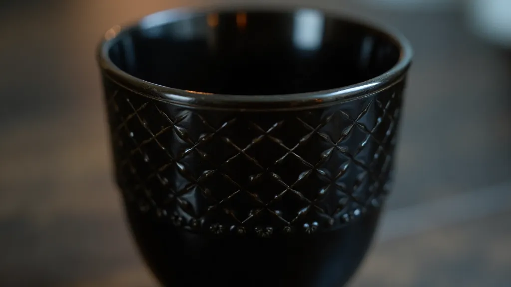 A black glass goblet with delicate cutting.
