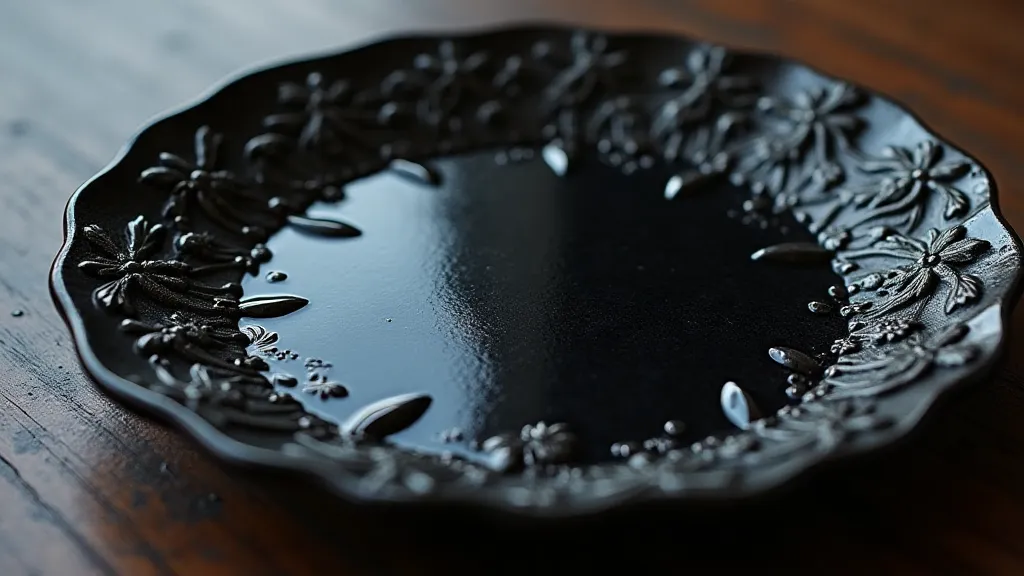 A black pressed glass plate with a raised floral design.