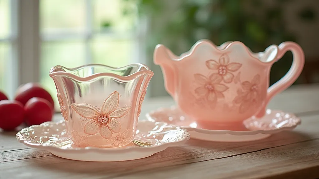 A selection of Fenton Cherry Blossom glassware including plates and cups.