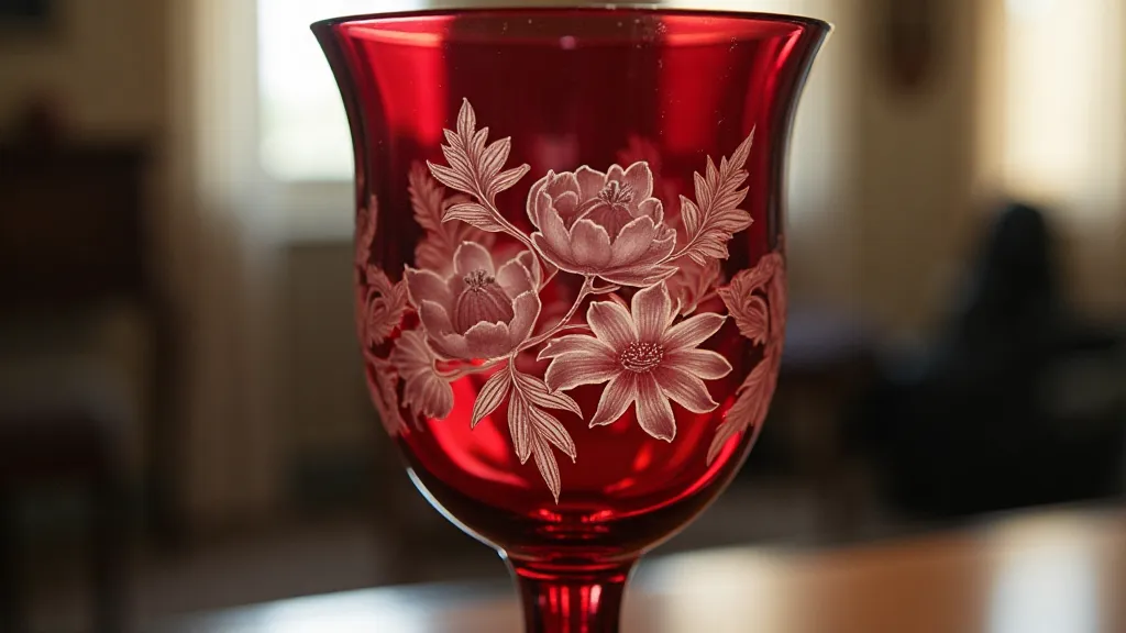 Cranberry glass goblet with lily etching