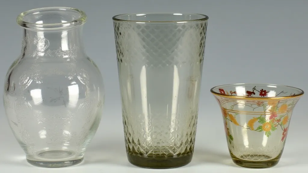 A collection of antique glass pieces with various marks