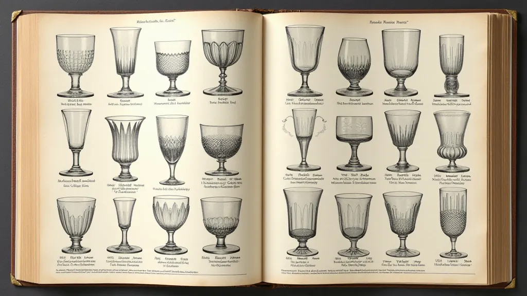Antique glassware pattern catalog open to a page of patterns