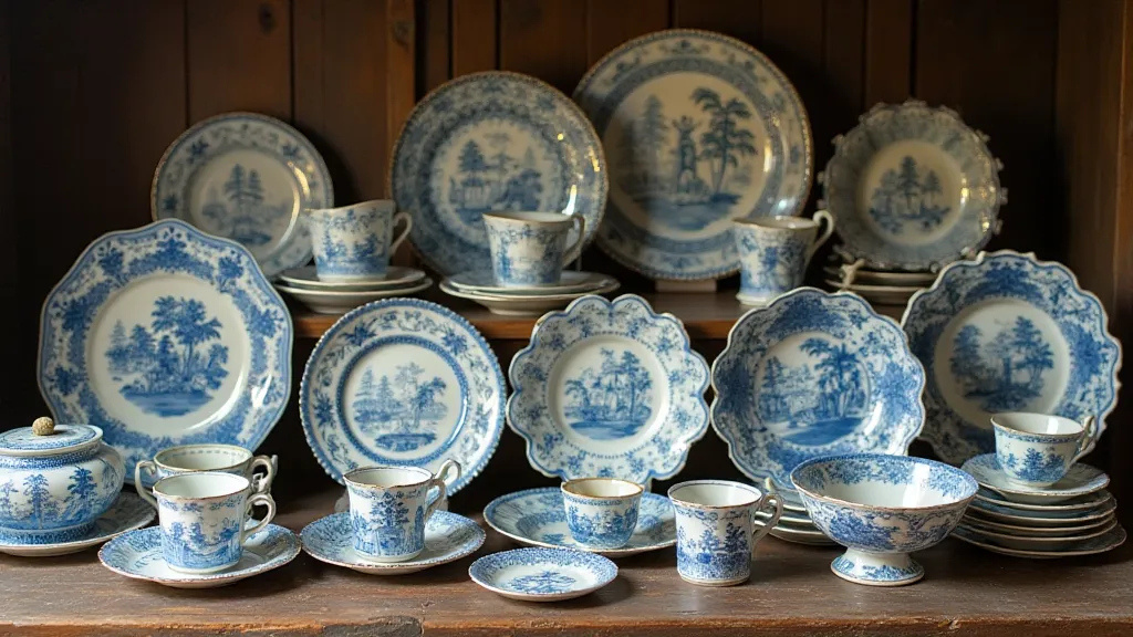 Display of different transferware glassware patterns