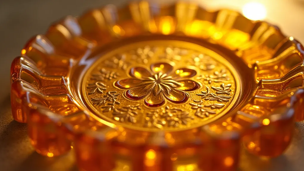 An example of antique glassware featuring the marigold color, with a detailed pressed pattern.