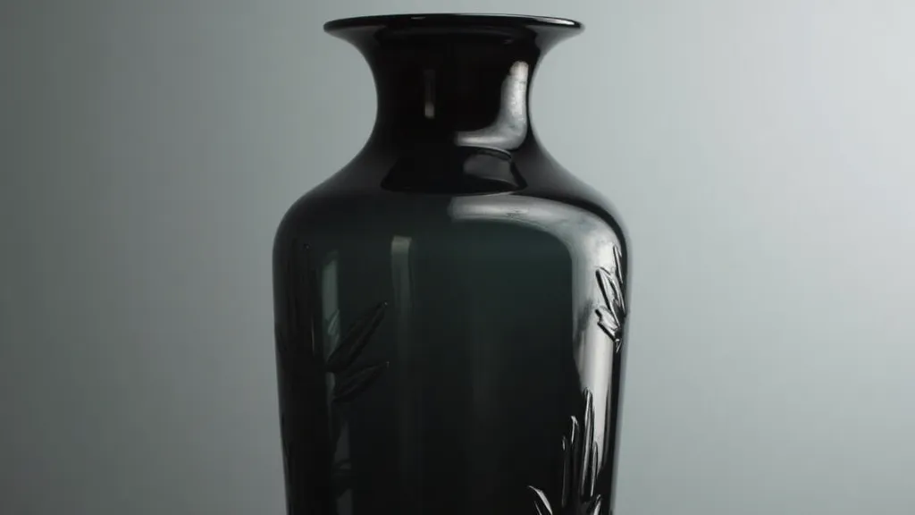 A tall, elegant black glass vase with subtle cut designs.